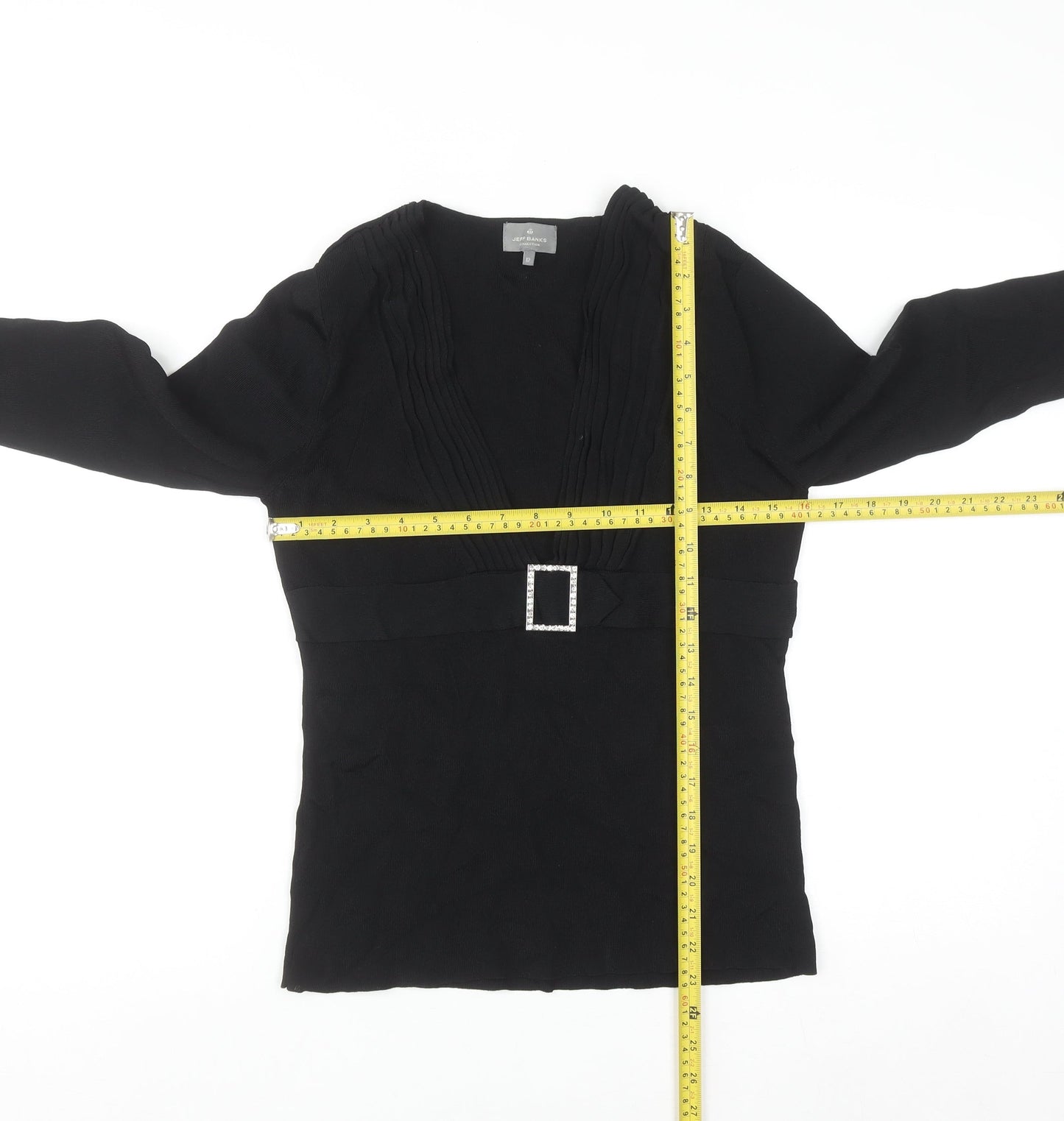 Jeff Banks Women Black Size 12 V-Neck Tunic Jumper with Buckle Detail