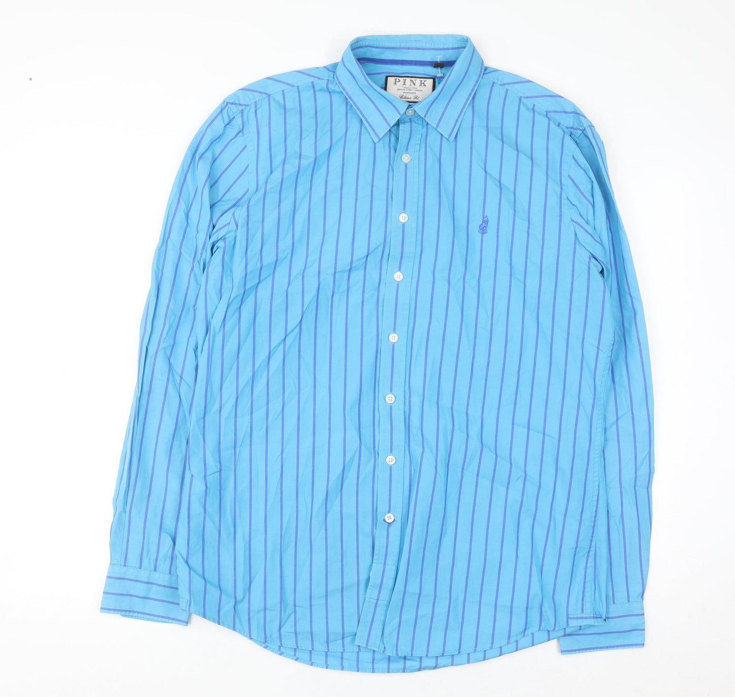Thomas Pink Men's Blue Striped Classic Fit Cotton Long Sleeve Shirt M