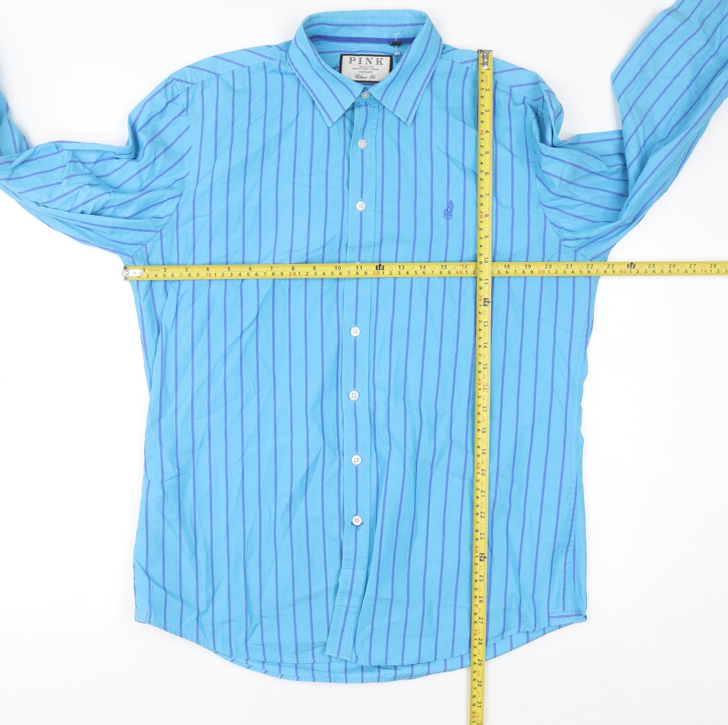 Thomas Pink Men's Blue Striped Classic Fit Cotton Long Sleeve Shirt M