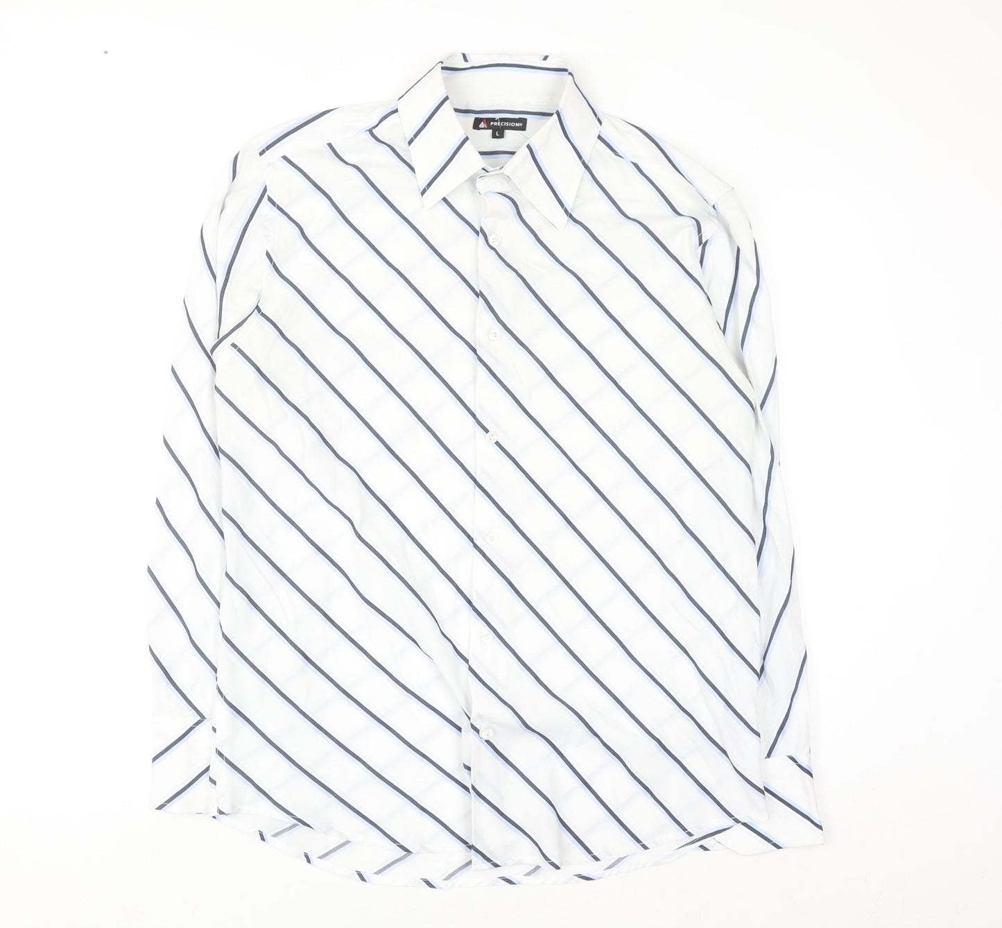 Precision Men’s White Striped Long Sleeve Regular Fit Button-Up Shirt L