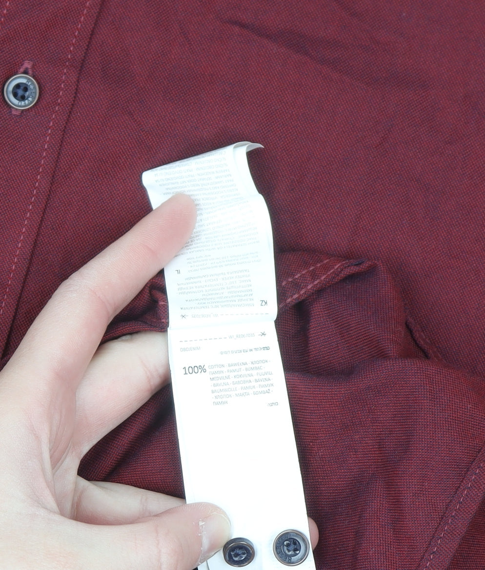 Reserved Men's Red Slim Fit Button-Up Long Sleeve Cotton Shirt M