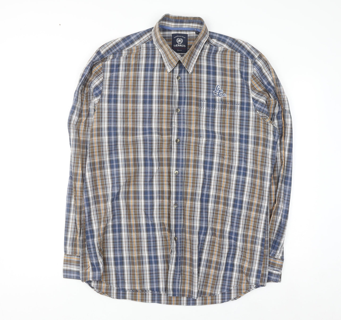 Lerros Men's Blue Check Long Sleeve Cotton Button-Up Shirt Size L