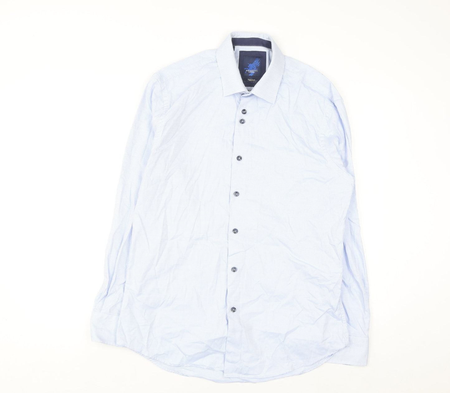 Benetti Luxury Men's Blue Check Slim Fit Cotton Long Sleeve Shirt 16.5in