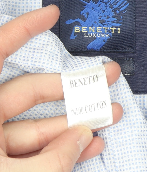 Benetti Luxury Men's Blue Check Slim Fit Cotton Long Sleeve Shirt 16.5in