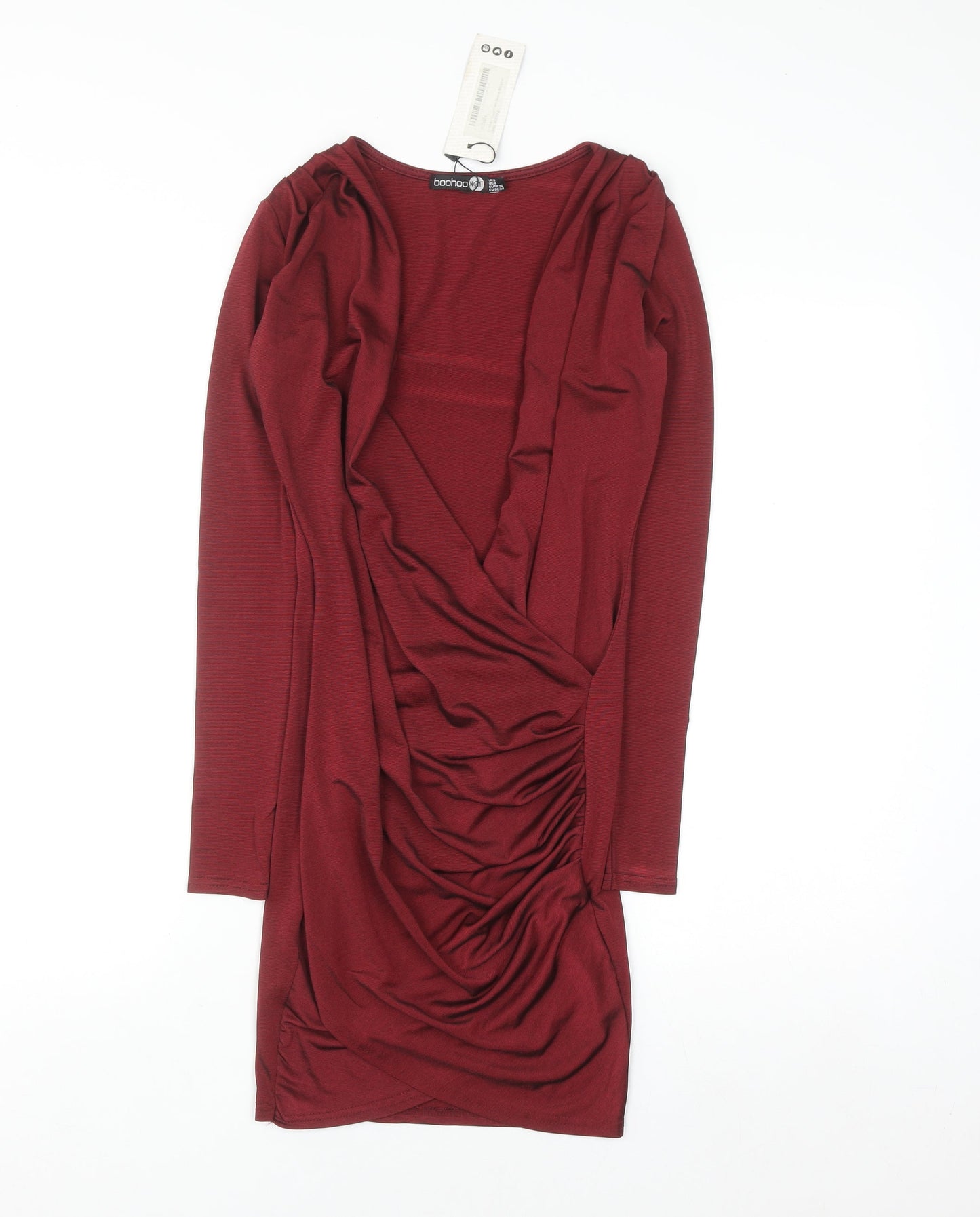 Boohoo Women Red Size 8 Bodycon Long Sleeve Ruched Mini Dress