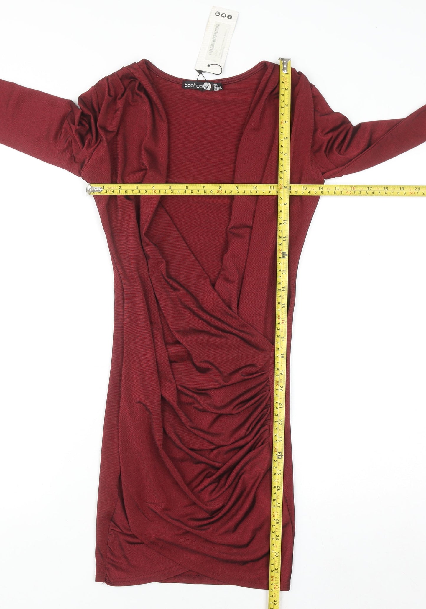 Boohoo Women Red Size 8 Bodycon Long Sleeve Ruched Mini Dress