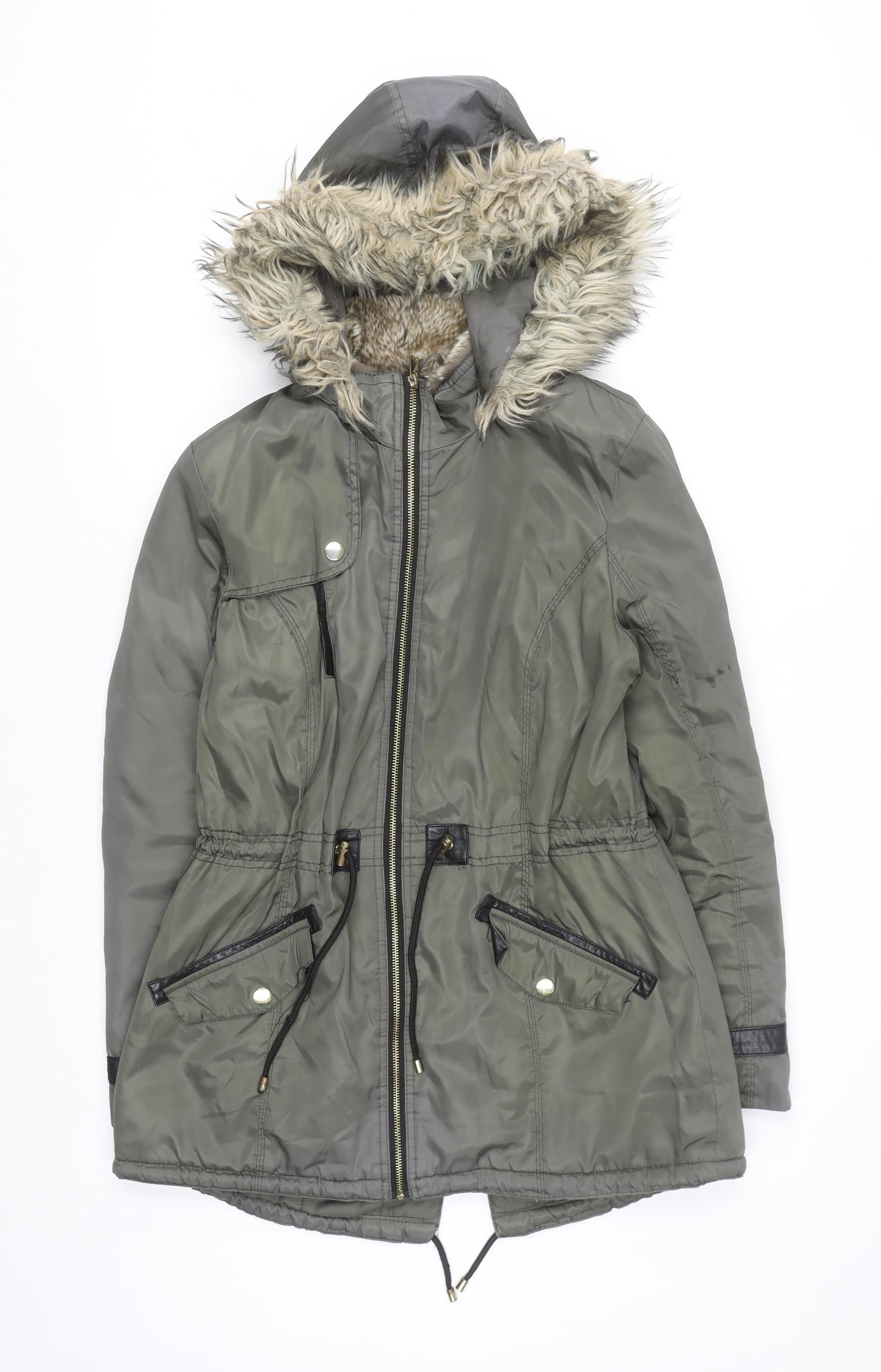 F&F Women’s Green Faux Fur Hooded Parka Coat Size 14