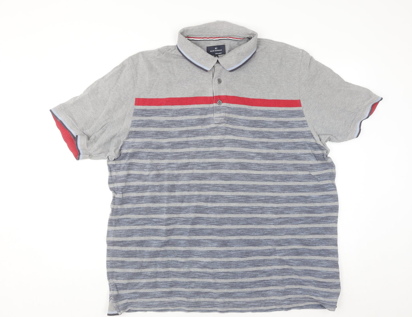 Marks and Spencer Blue Harbour Grey Striped XXL Polo Shirt Mens Regular Fit