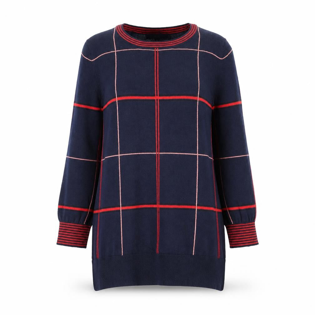 Next Womens Blue Check Long Sleeve Cotton Blend Pullover Jumper Size 14