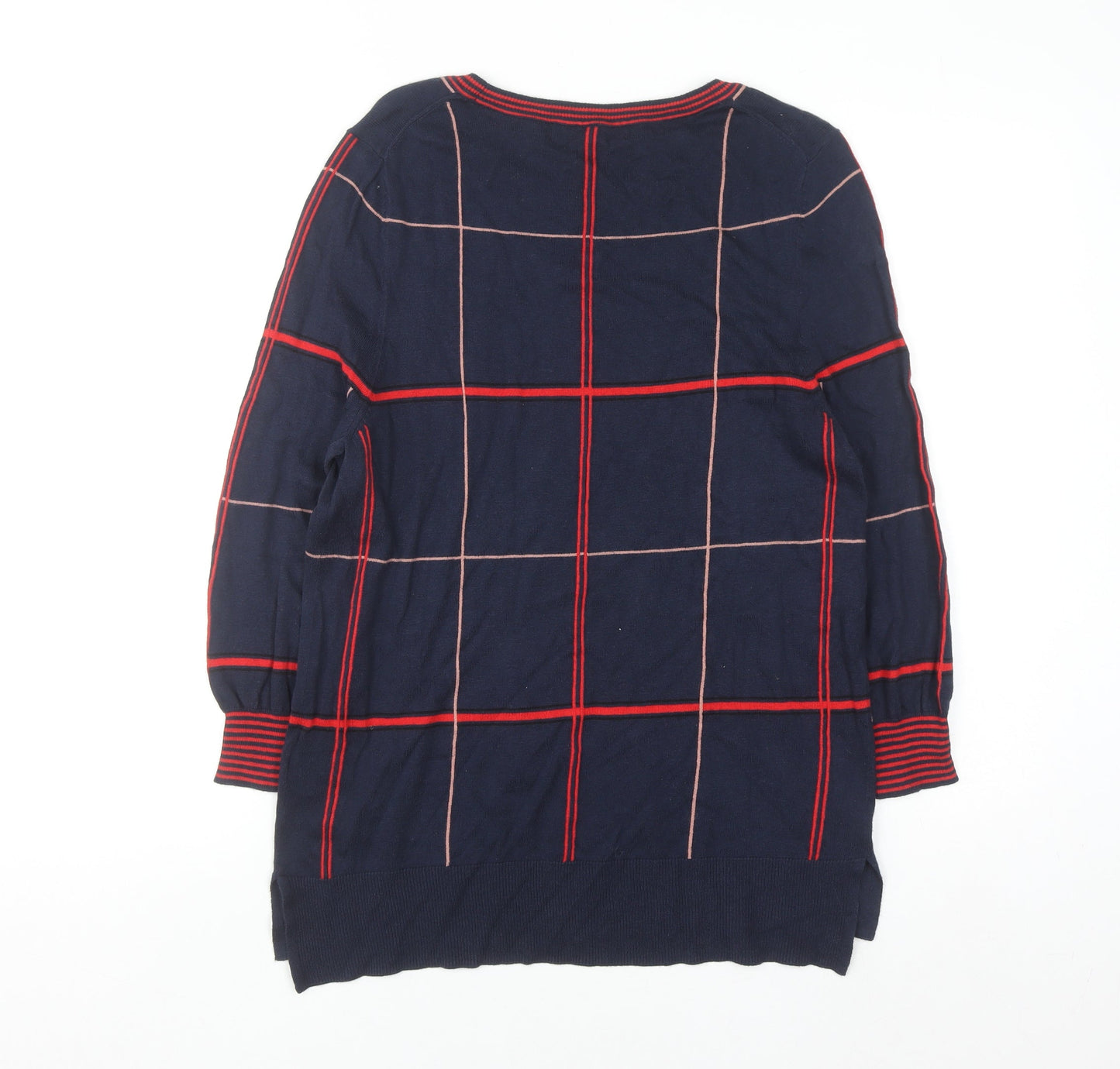 Next Womens Blue Check Long Sleeve Cotton Blend Pullover Jumper Size 14