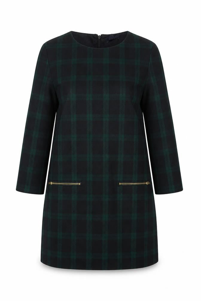 Gap Women Green Check Shift Dress Size S 3/4 Sleeve Zip Detail