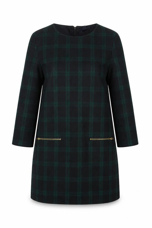 Gap Women Green Check Shift Dress Size S 3/4 Sleeve Zip Detail