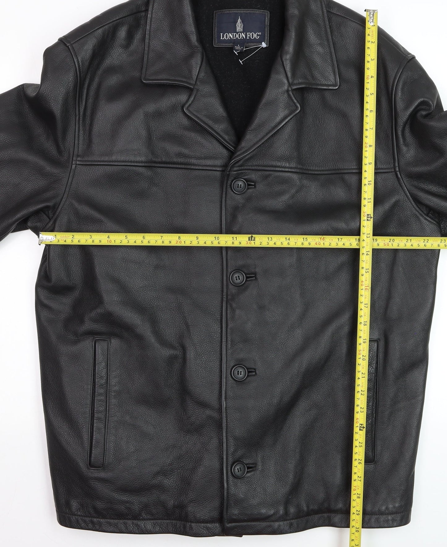 London Fog Men's Black Leather Overcoat L Lined Button-Up Jacket