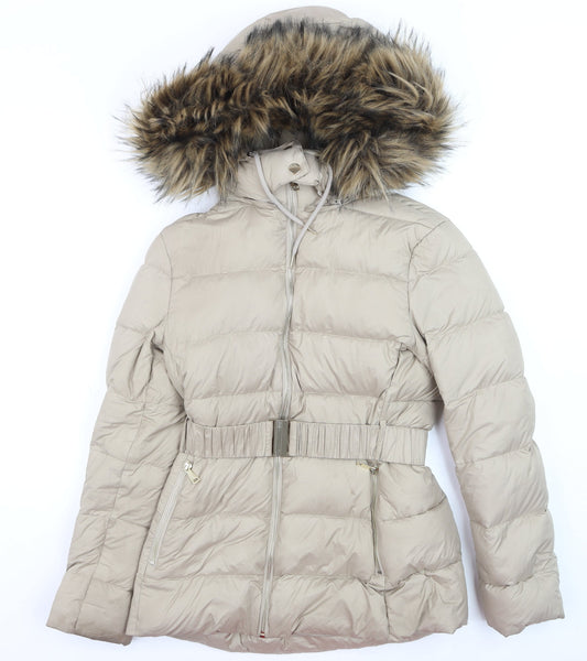 Zara Women’s Beige Belted Faux Fur Hooded Puffer Coat XS