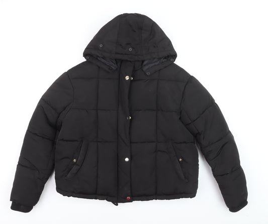 Topshop Women's Black Puffer Jacket Size 12 Hooded Winter Coat