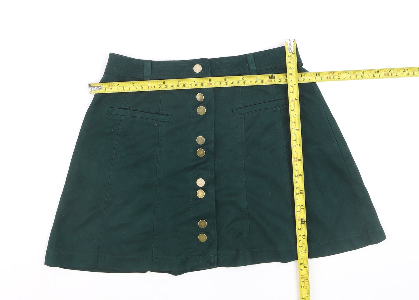 Zara Women Green XS A-Line Short Button Skirt