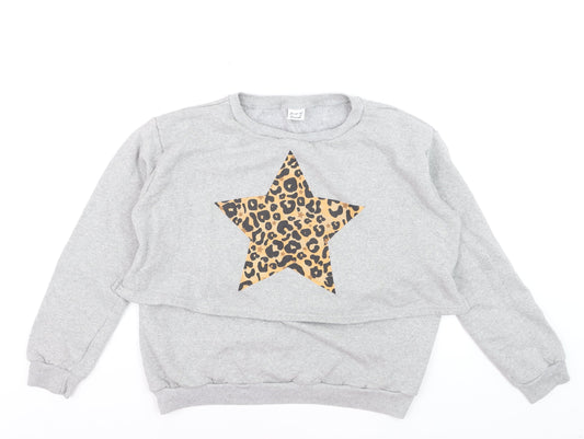 House of Hurrah Women Grey Leopard Star Pullover Sweatshirt L
