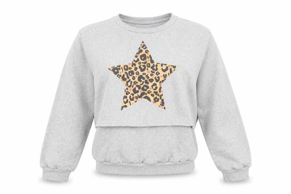 House of Hurrah Women Grey Leopard Star Pullover Sweatshirt L