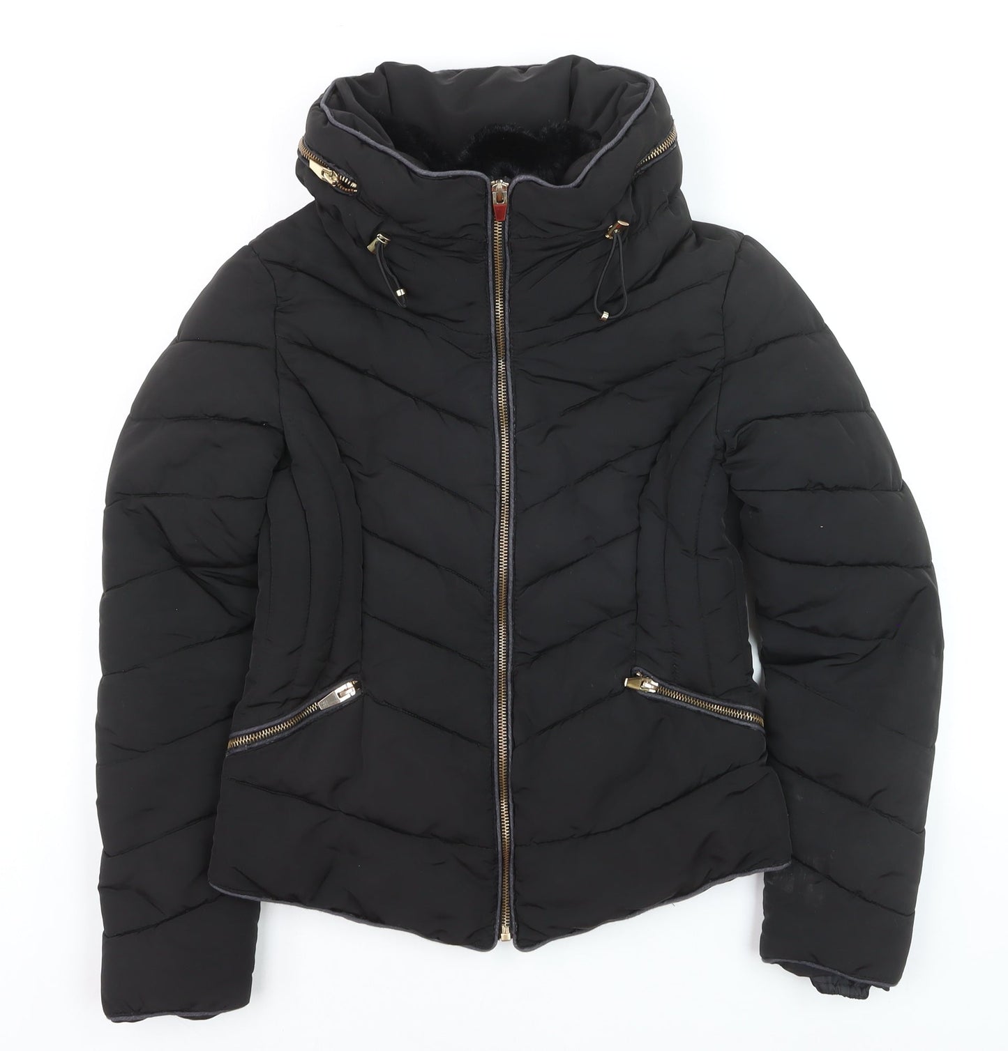Zara Women's Black Puffer Jacket Size S Hooded Lined Zip Winter Coat