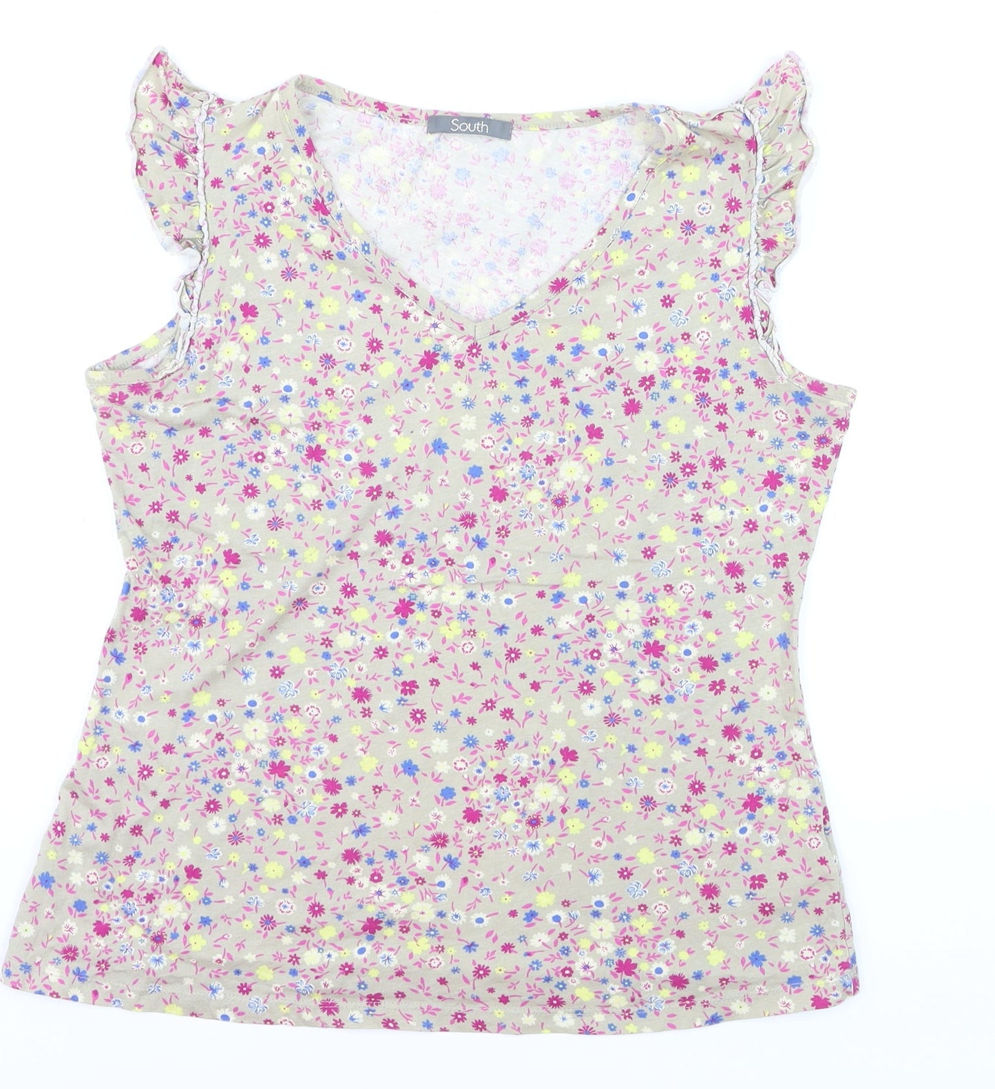 South Womens Beige Floral V-Neck Sleeveless Cotton Blouse Size 14