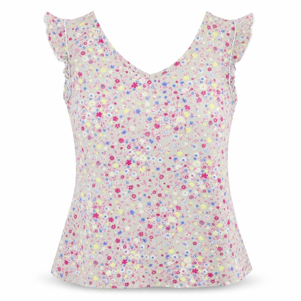 South Womens Beige Floral V-Neck Sleeveless Cotton Blouse Size 14