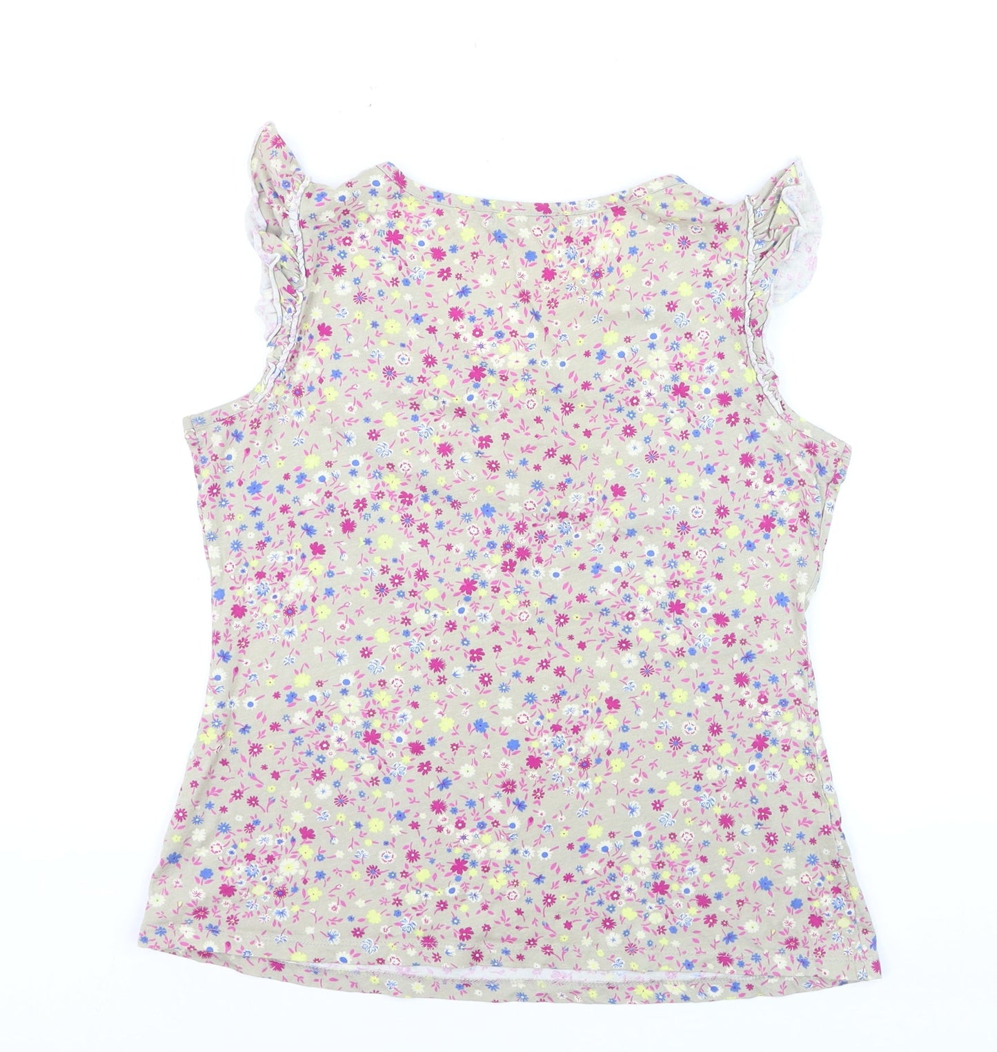 South Womens Beige Floral V-Neck Sleeveless Cotton Blouse Size 14
