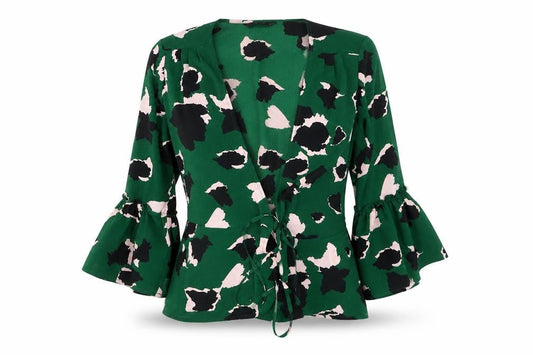 Only Women’s Green Floral Wrap Blouse Size 6 Long Flared Sleeve