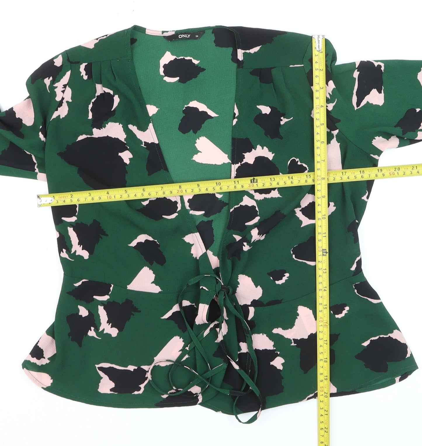 ONLY Women’s Green Floral Wrap Blouse Size 6 Long Flared Sleeve