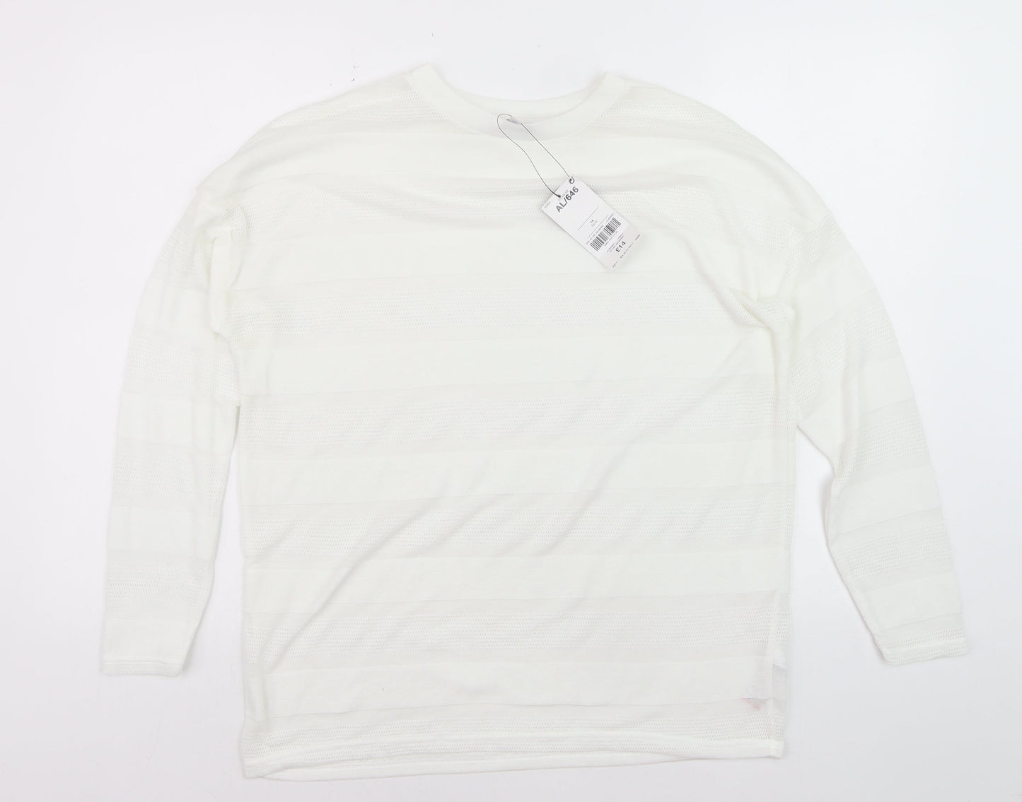 Next Womens White Long Sleeve Knit Striped Polyester T-Shirt Size 14