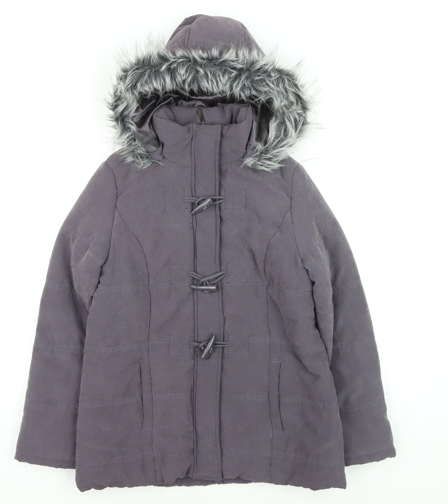 BHS Women’s Grey Faux Fur Hooded Mid-Length Puffer Coat Size 10