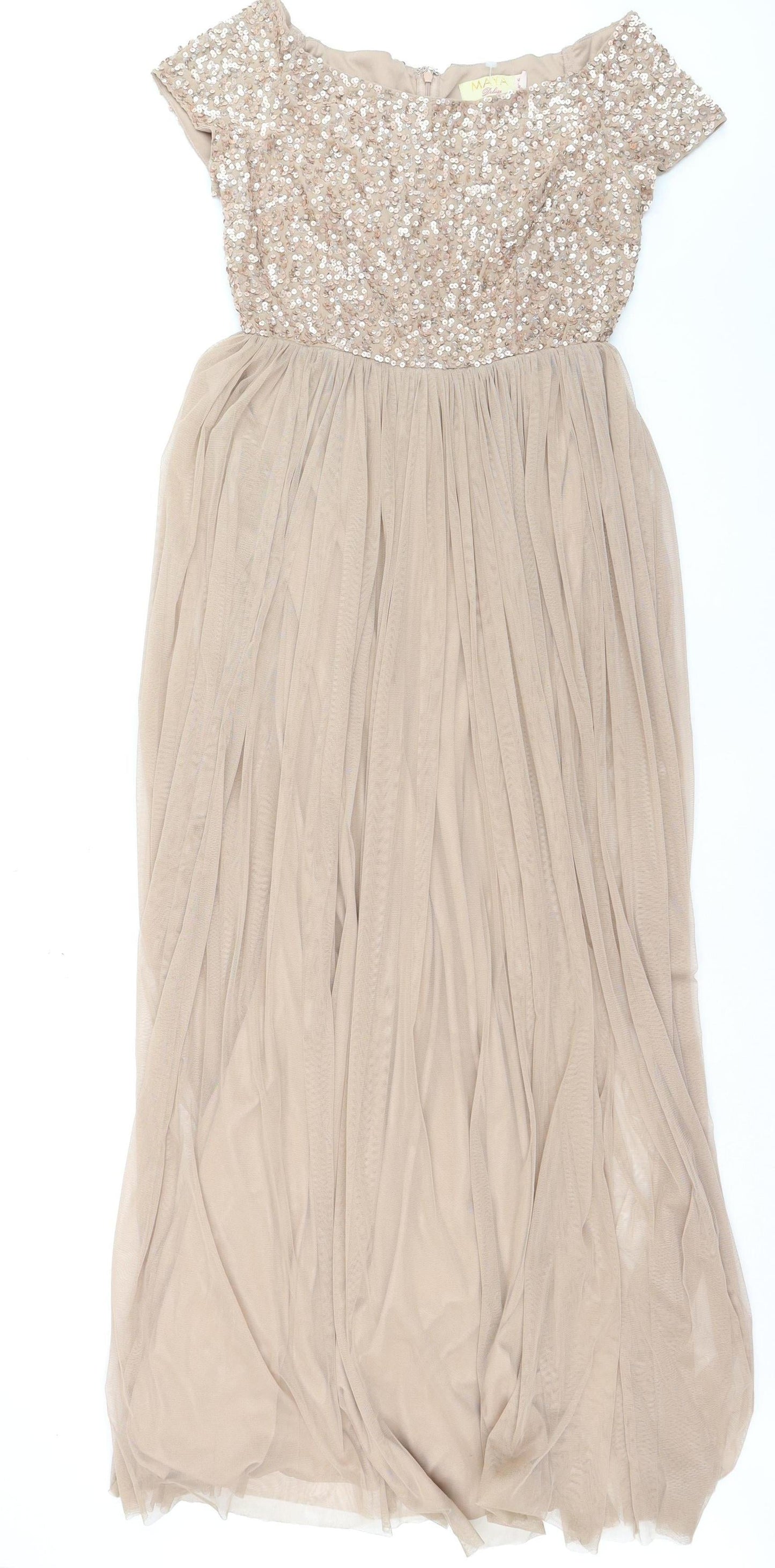 Maya Deluxe Women’s Beige Sequin A-Line Long Dress UK 10