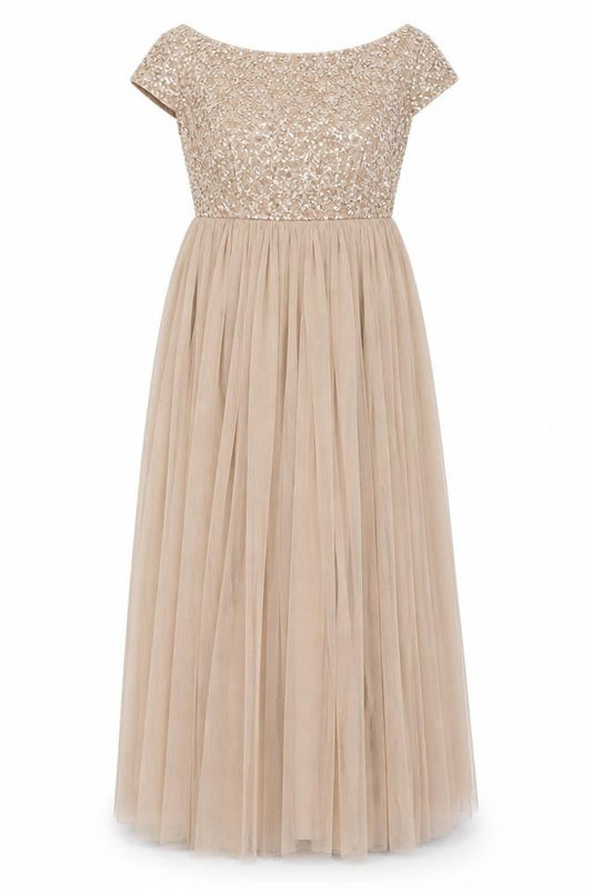 Maya Deluxe Women’s Beige Sequin A-Line Long Dress UK 10