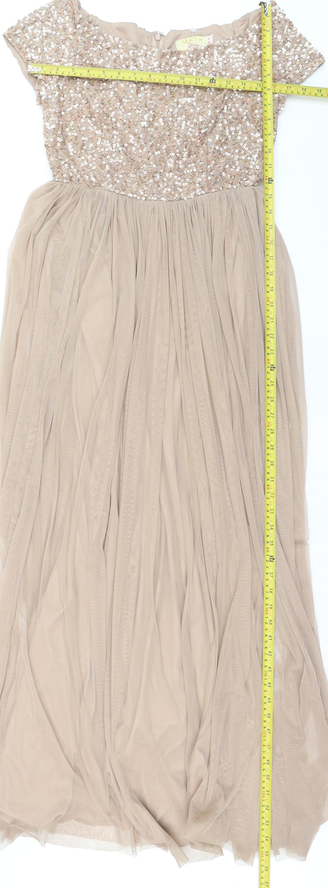 Maya Deluxe Women’s Beige Sequin A-Line Long Dress UK 10