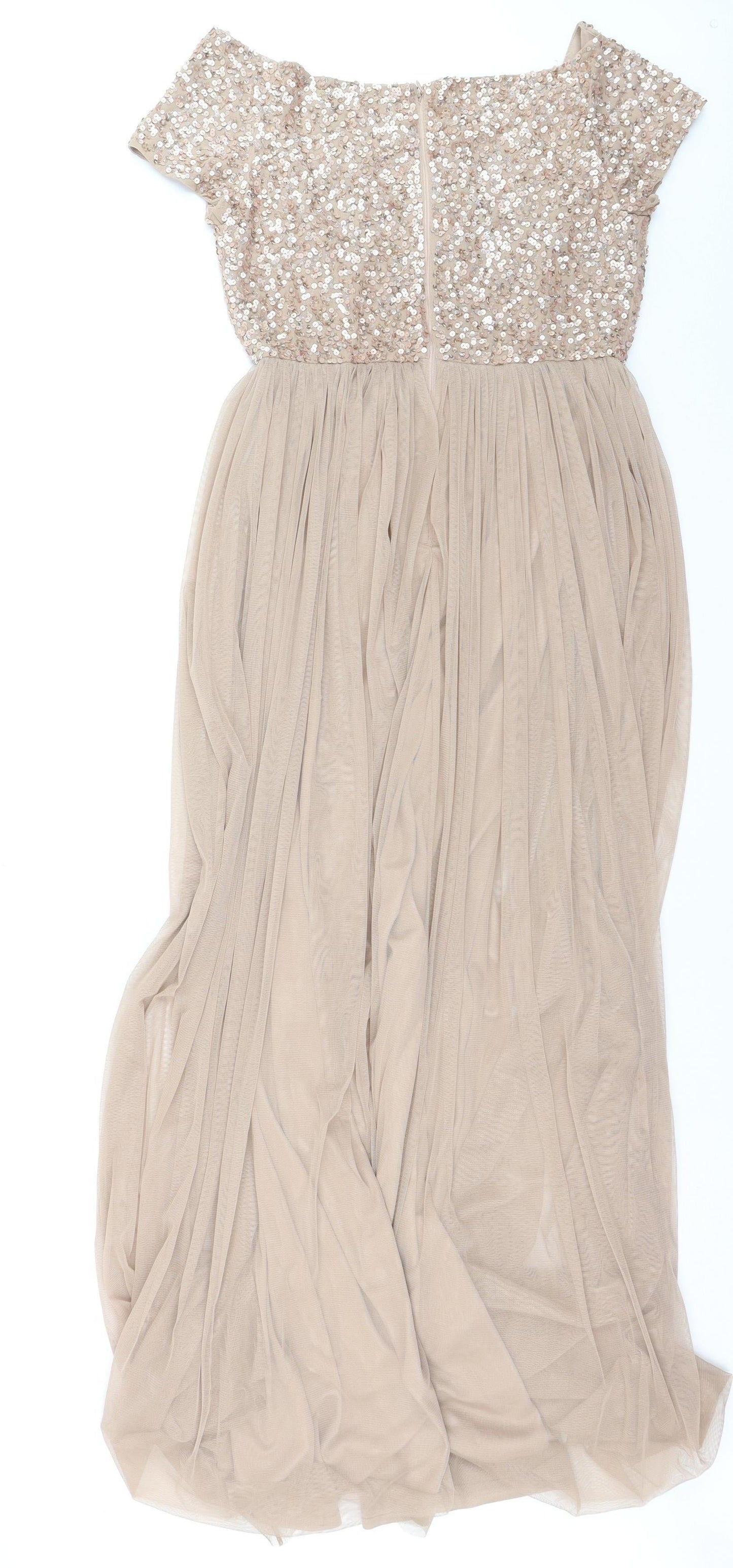 Maya Deluxe Women’s Beige Sequin A-Line Long Dress UK 10