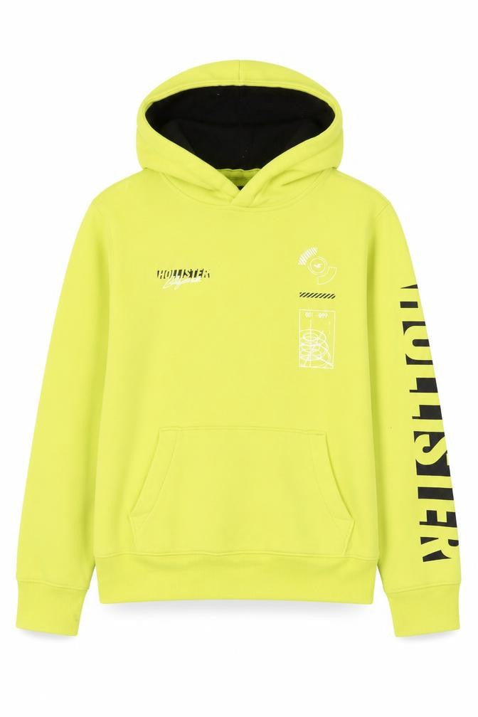 Hollister Men’s Yellow Pullover Hoodie S Fleece Logo Print
