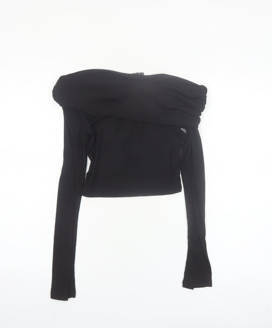 PrettyLittleThing Women Black Off Shoulder Cropped Long Sleeve Blouse Size 8