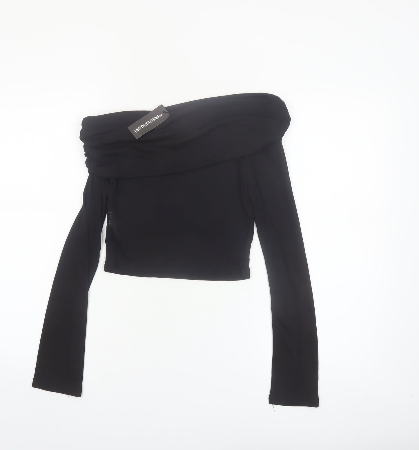 PrettyLittleThing Women Black Off Shoulder Cropped Long Sleeve Blouse Size 8