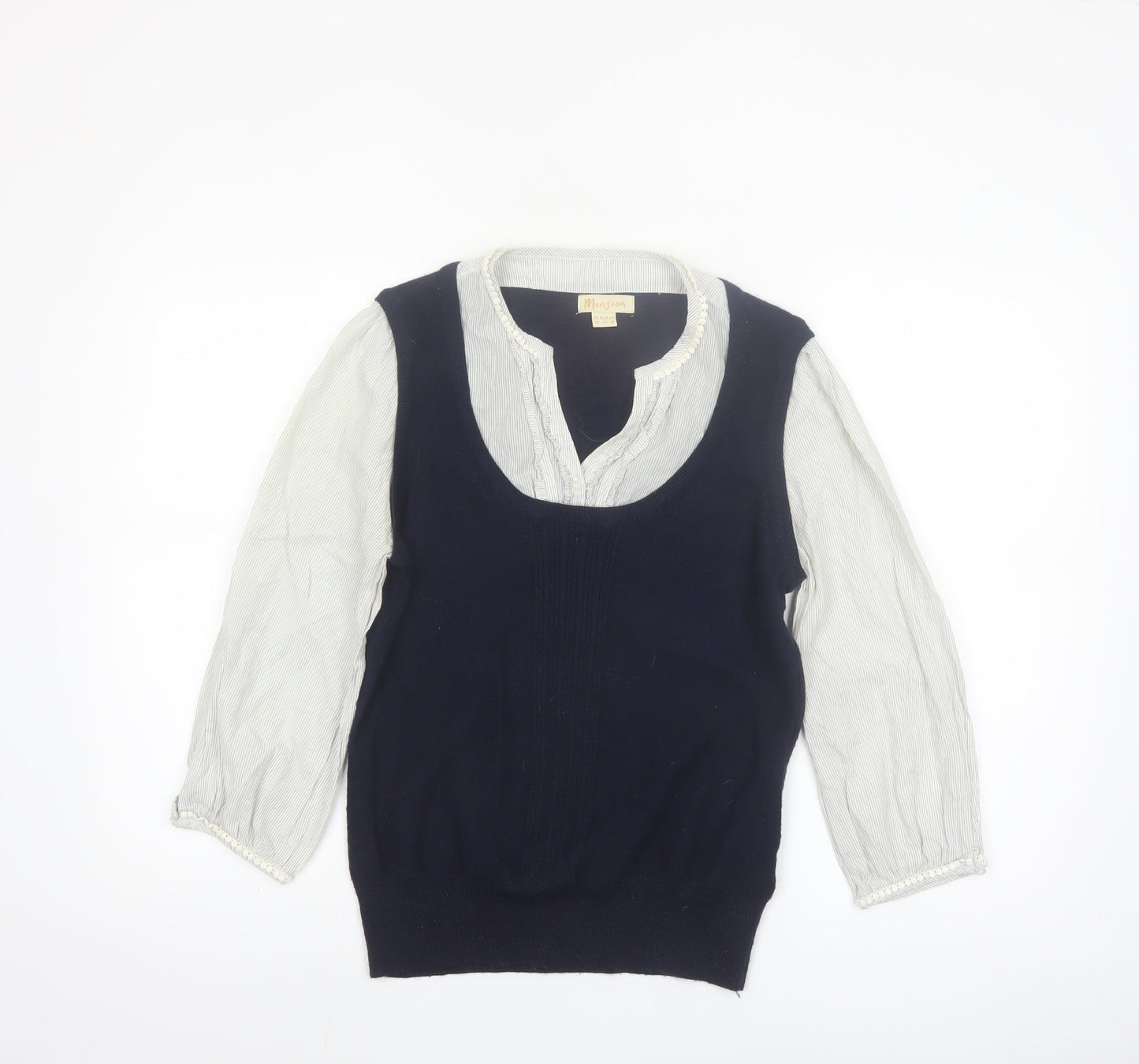 Monsoon Women’s Blue Knit Pullover Jumper Size 14 with Ruffle Neckline