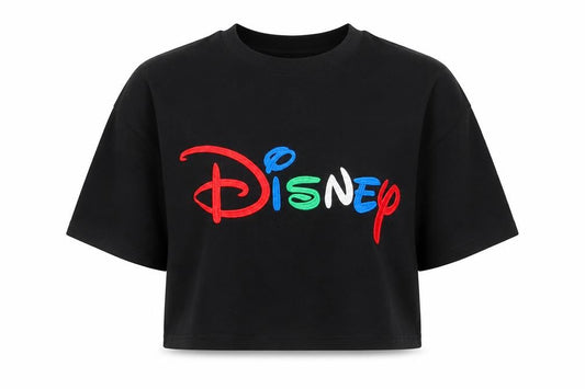 Disney Womens Black Cropped T-Shirt L Embroidered Logo Cotton