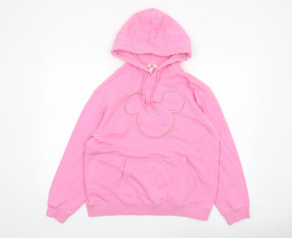 Front view of H&M Women Pink Mickey Mouse Pullover Hoodie, size S