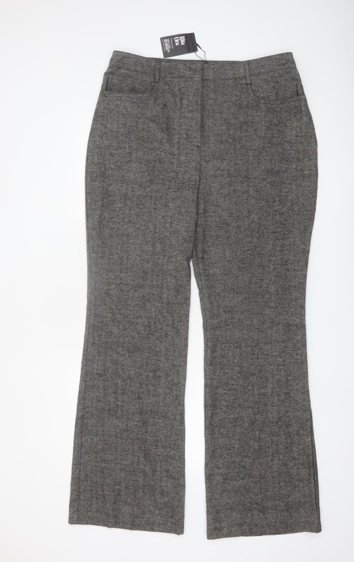 Primark Women Grey Herringbone Straight Trousers Size 16