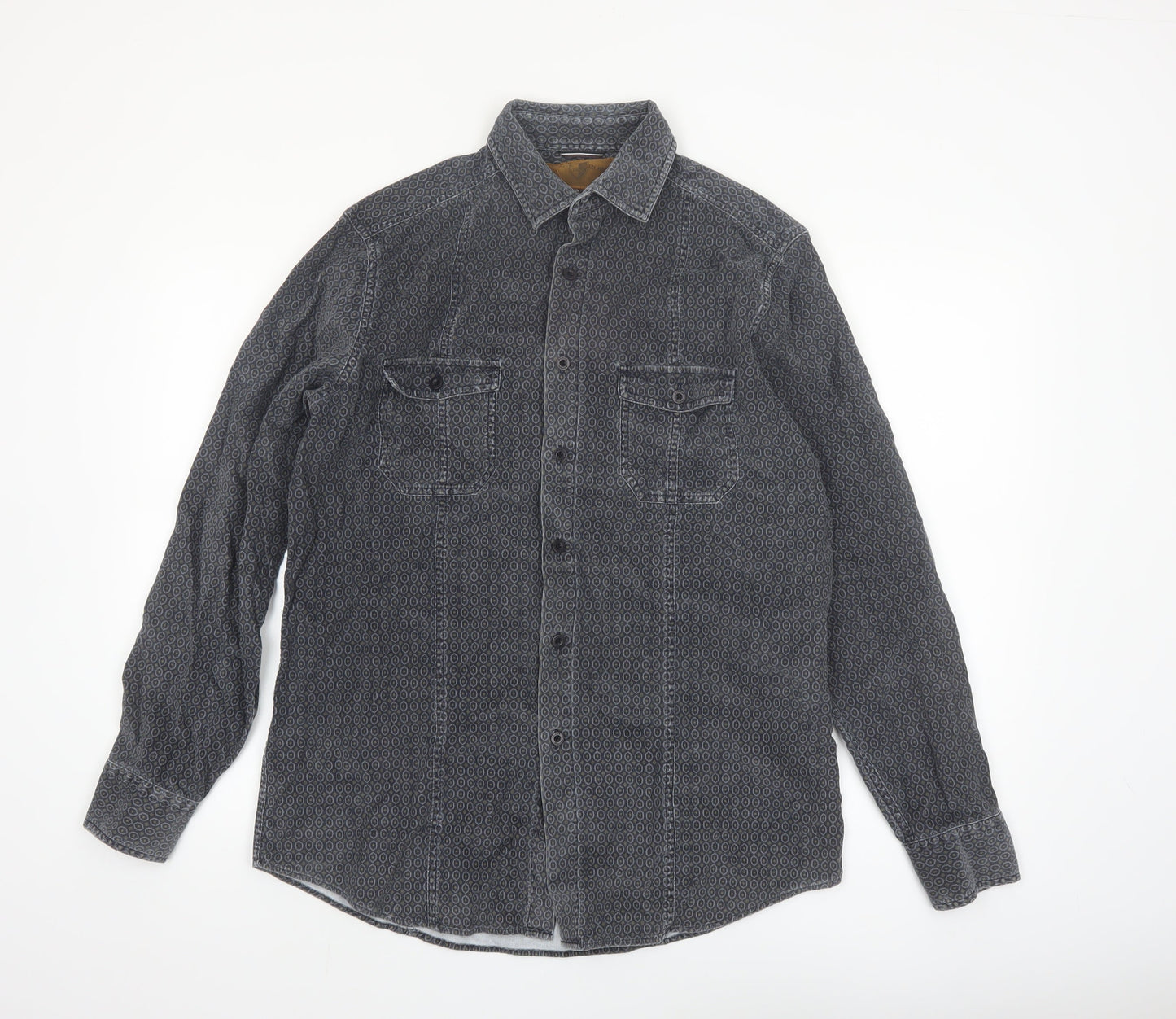 Black Brown 1826 Men's Grey Geometric Long Sleeve Button-Up Shirt Size M