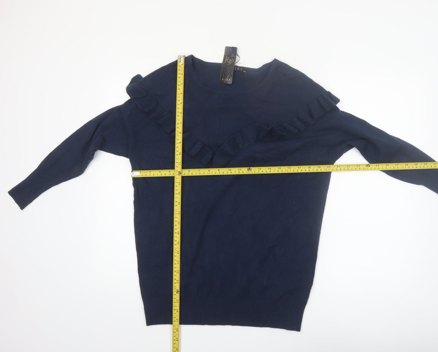 KILKY Women's Blue Ruffle Knit Long Sleeve Pullover Jumper S