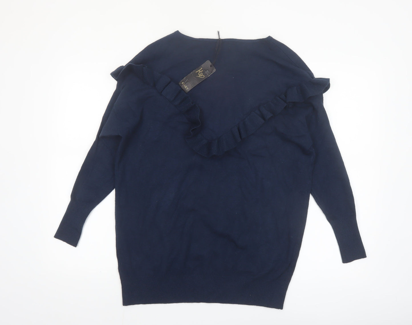 KILKY Women's Blue Ruffle Knit Long Sleeve Pullover Jumper S