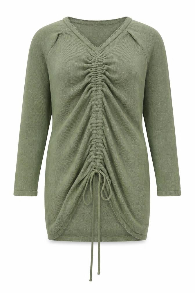 Fashionkilla Women Green V-Neck Long Sleeve Ruched Tunic Jumper Size 12