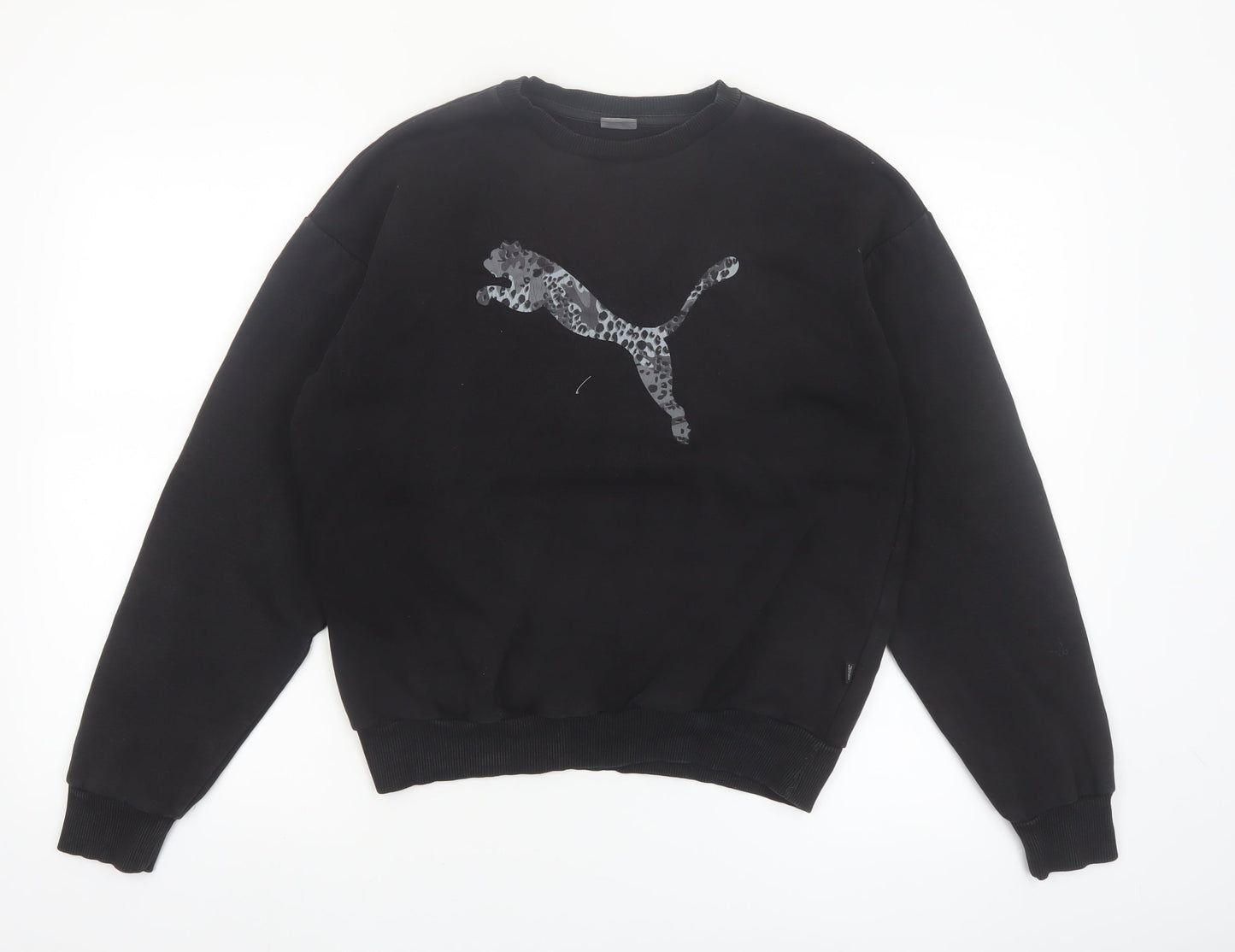 Puma Womens Black Small Pullover Sweatshirt Leopard Logo Cotton Blend