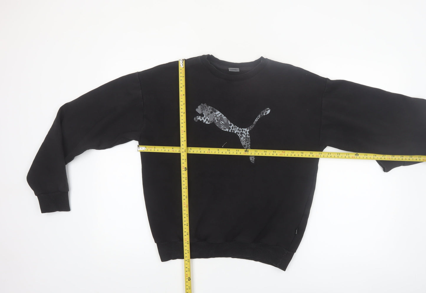 Puma Womens Black Small Pullover Sweatshirt Leopard Logo Cotton Blend