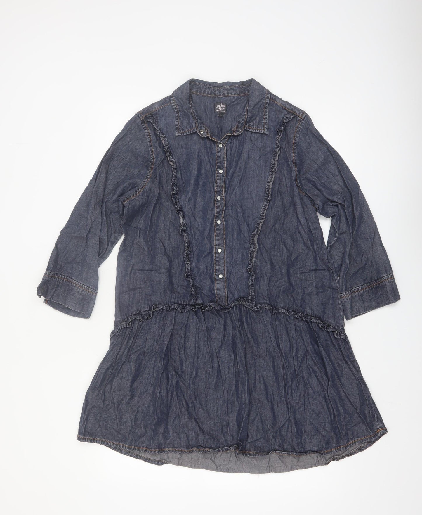 Little Wings Women Blue Chambray Shirt Dress M Collared Ruffle 3/4 Sleeve