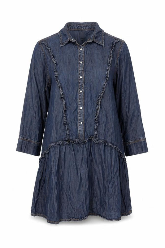 Little Wings Women Blue Chambray Shirt Dress M Collared Ruffle 3/4 Sleeve