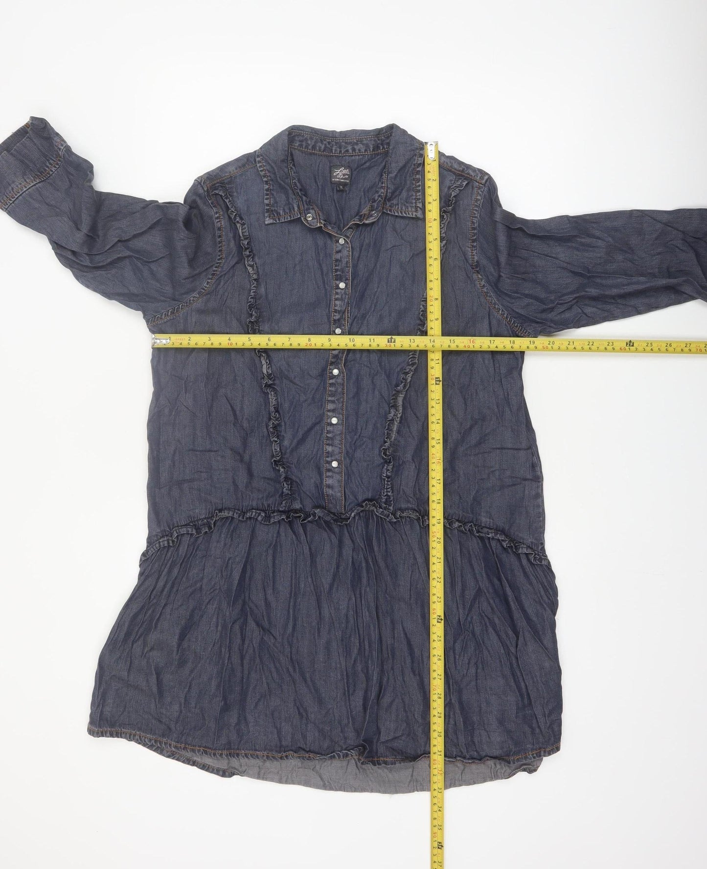 Little Wings Women Blue Chambray Shirt Dress M Collared Ruffle 3/4 Sleeve